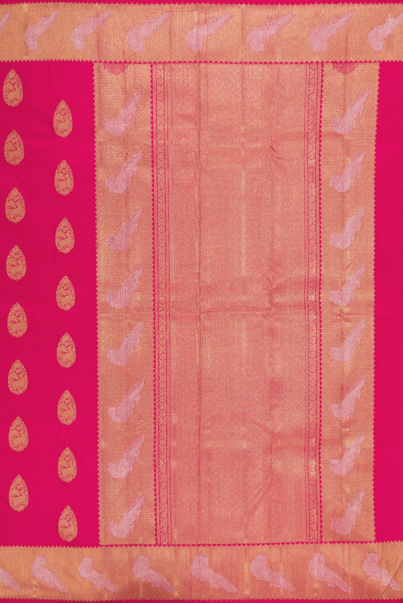 Close up image of the pallu of Pure Silk Pure Zari Pink Kanjivaram Saree with Zari Butta on the body and Fancy Border. 