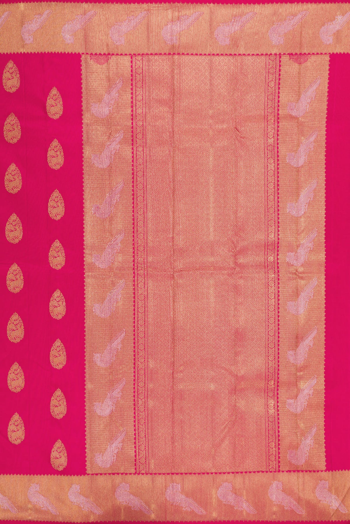 Close up image of the pallu of Pure Silk Pure Zari Pink Kanjivaram Saree with Zari Butta on the body and Fancy Border. 