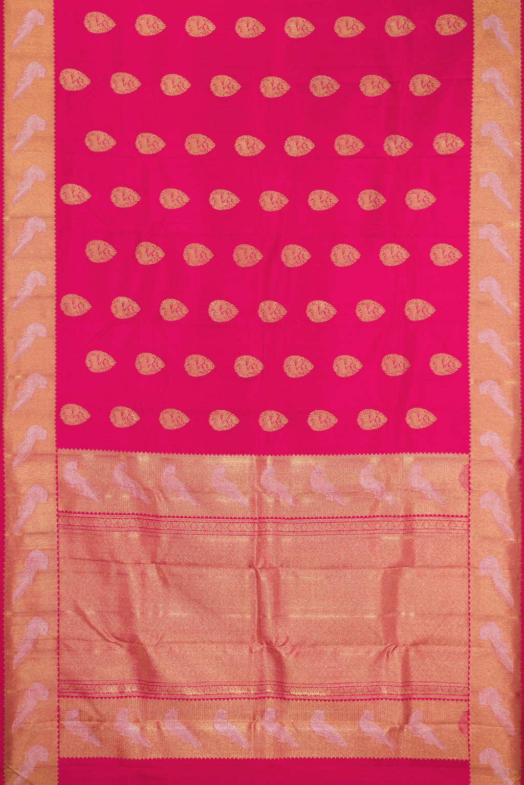 Flat view of Pure Silk Pure Zari Pink Kanjivaram Saree with Zari Butta on the body and Fancy Border. 