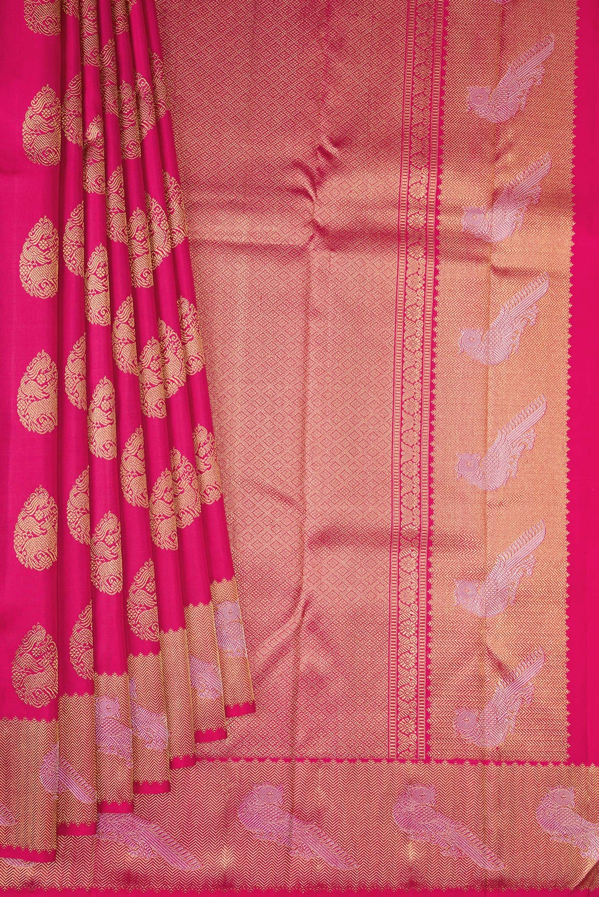 Pleats and pallu of Pure Silk Pure Zari Pink Kanjivaram Saree with Zari Butta on the body and Fancy Border. 