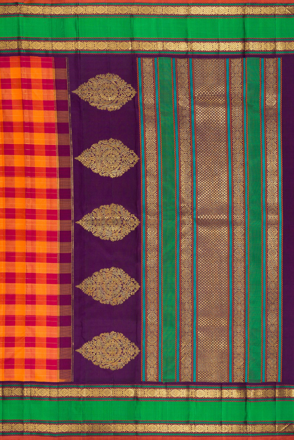 Close up image of the pallu of Pure Silk Pure Zari Orange and Maroon Dual Tone Kanjivaram Saree with Checked design on the body and Zari Border. 