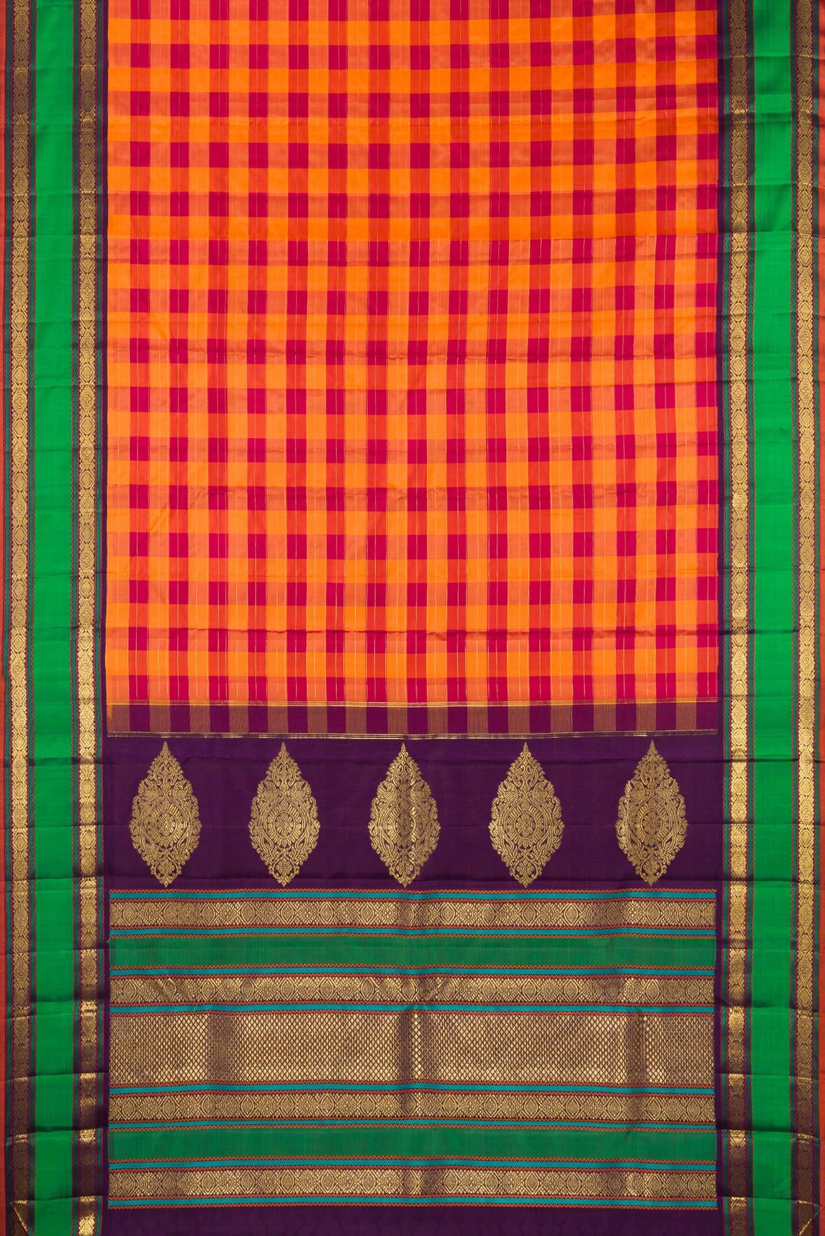 Flat view of Pure Silk Pure Zari Orange and Maroon Dual Tone Kanjivaram Saree with Checked design on the body and Zari Border. 