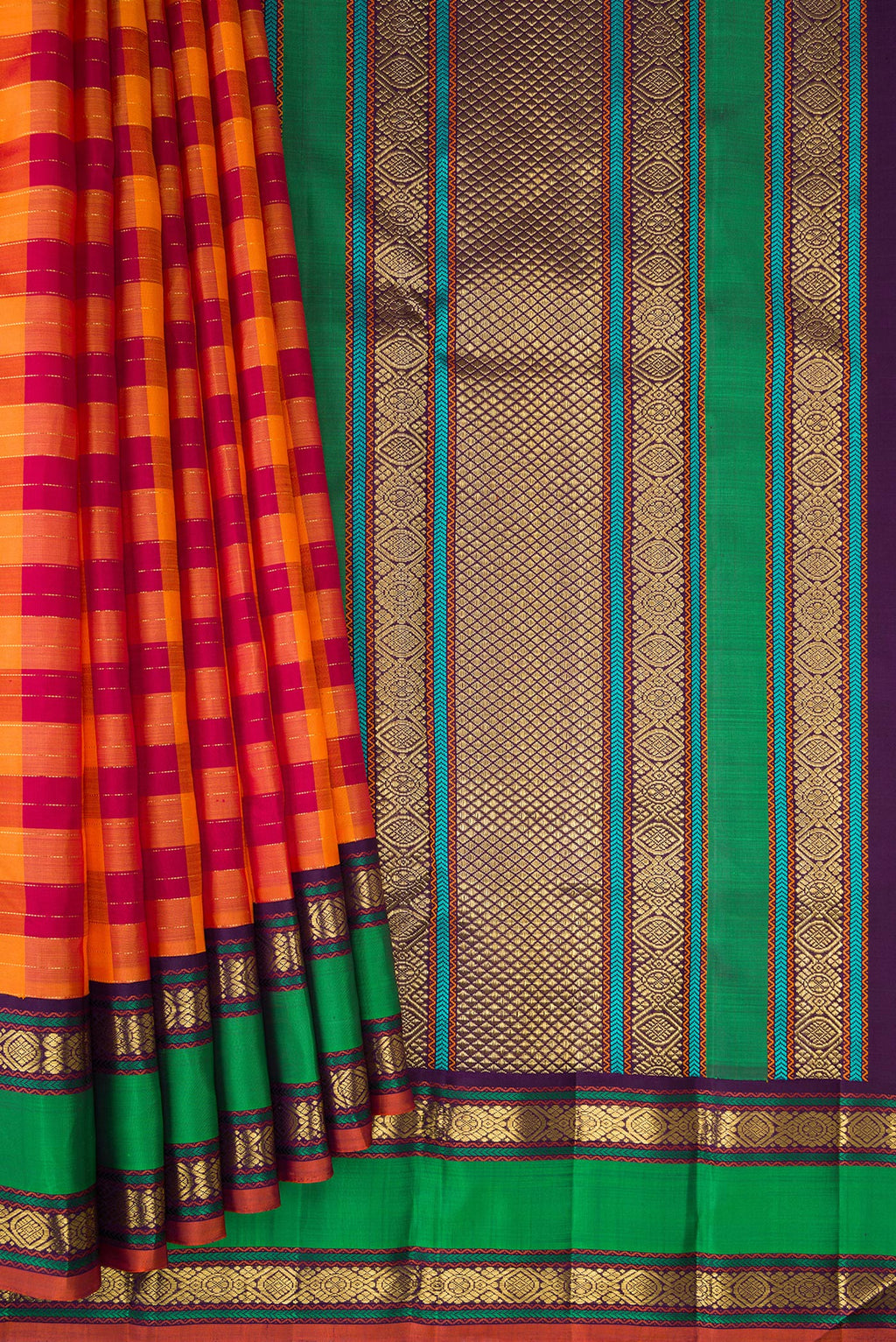 Pleats and pallu of Pure Silk Pure Zari Orange and Maroon Dual Tone Kanjivaram Saree with Checked design on the body and Zari Border. 