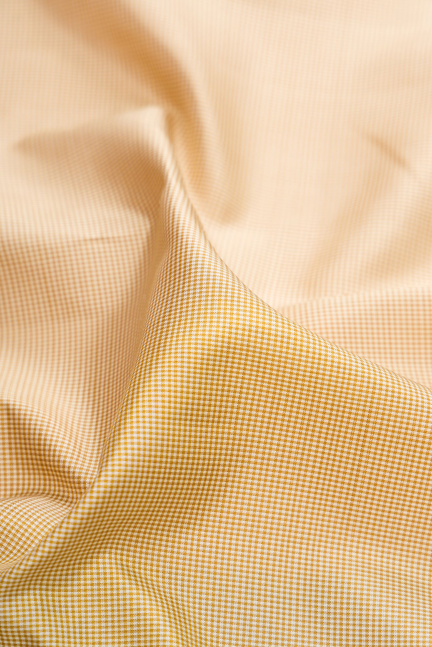 Close up of Beige Kanjivaram Silk Saree with Checked design on the body and Plain Border.  displaying folds