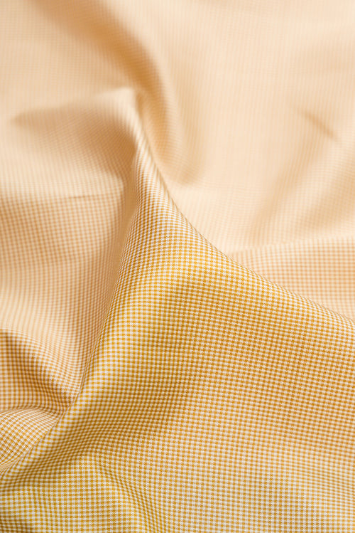Close up of Beige Kanjivaram Silk Saree with Checked design on the body and Plain Border.  displaying folds
