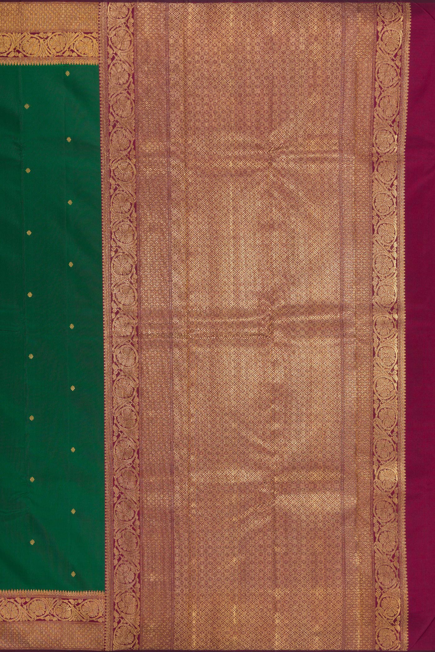 Close up image of the pallu of Pure Silk Pure Zari Bottle Green Kanjivaram Saree with Zari Butta on the body and Fancy Border. 