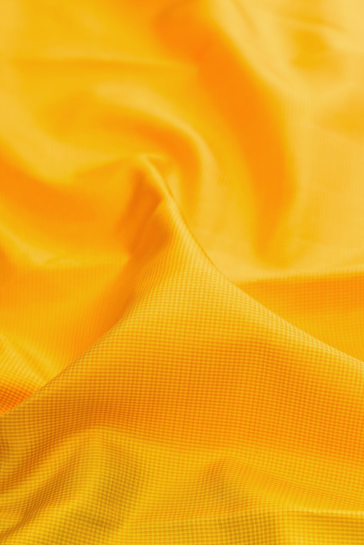 Close up of Yellow Kanjivaram Silk Saree with Checked design on the body and Plain Border.  displaying folds