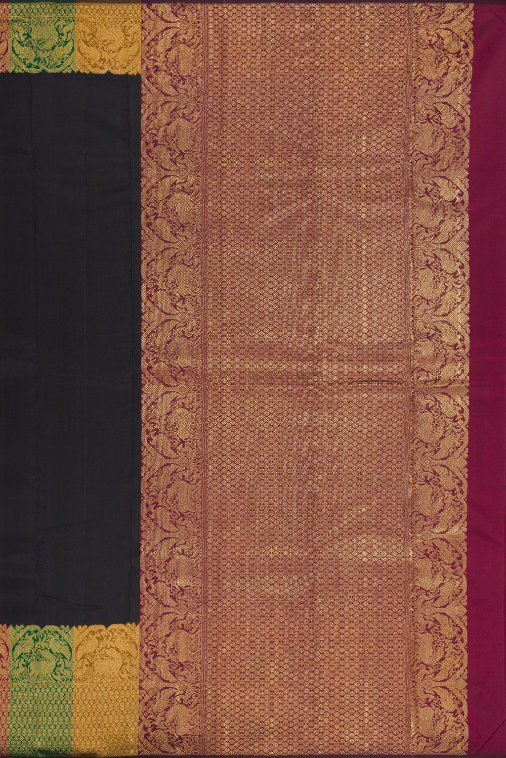 Close up image of the pallu of Pure Silk Pure Zari Black Kanjivaram Saree with Plain Body and Fancy Border. 