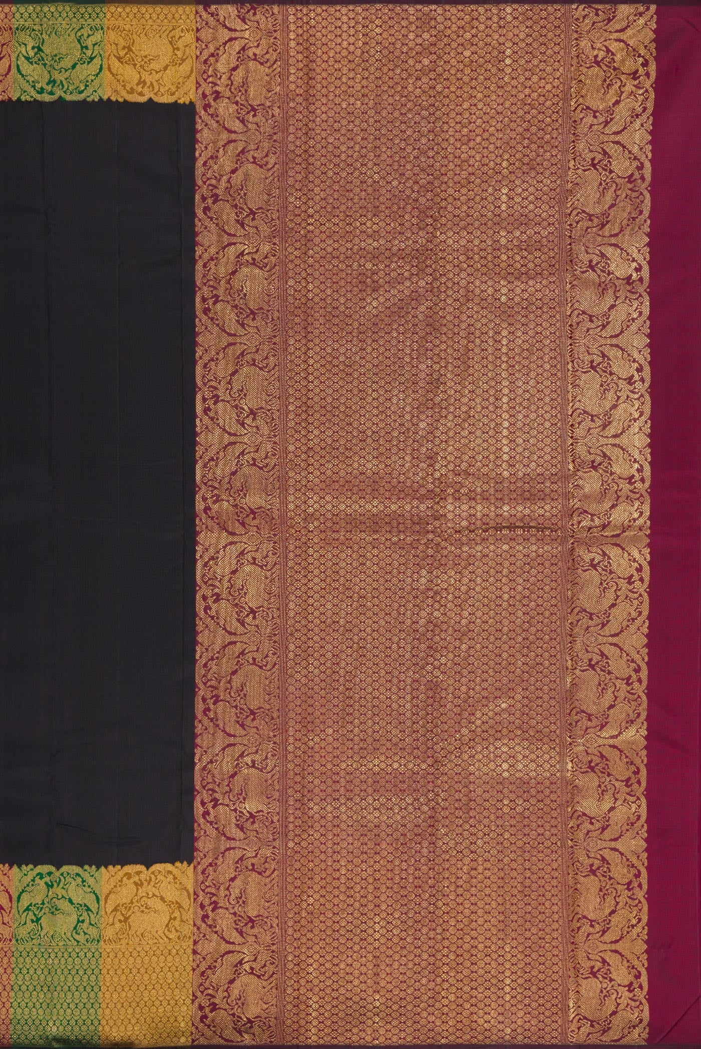 Close up image of the pallu of Pure Silk Pure Zari Black Kanjivaram Saree with Plain Body and Fancy Border. 