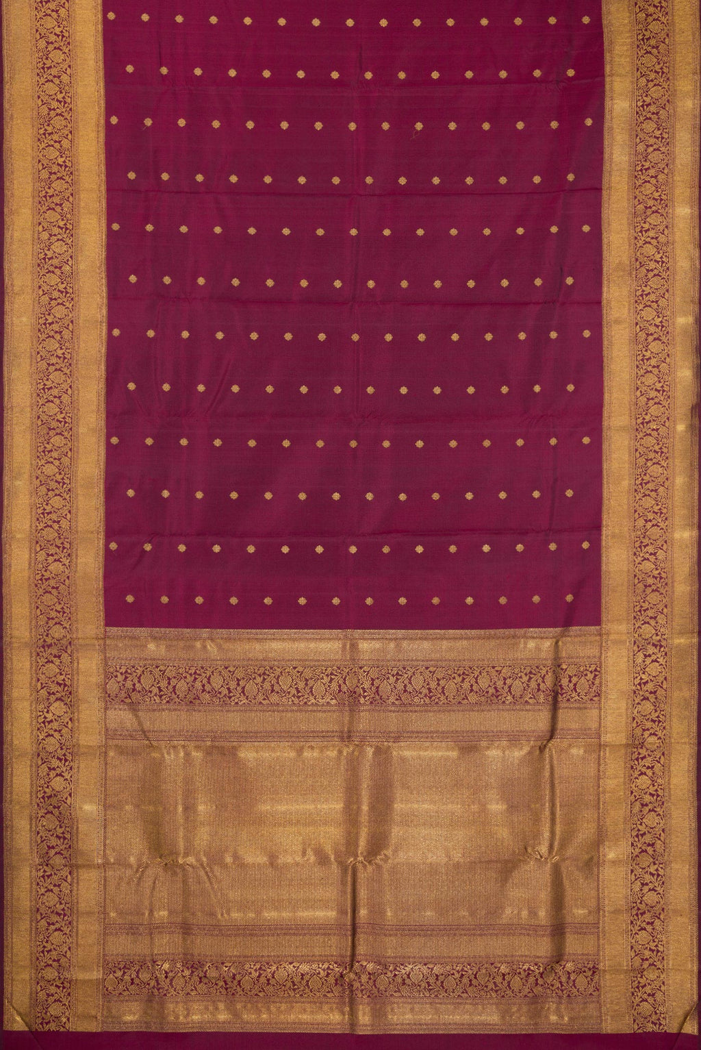 Flat view of Pure Silk Pure Zari Maroon Kanjivaram Saree with Zari Butta on the body and Fancy Border. 