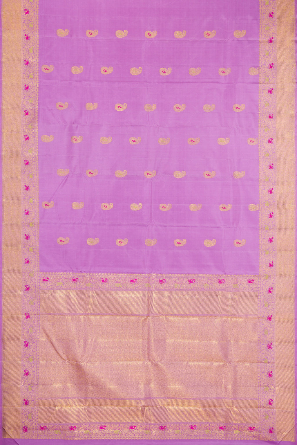 Flat view of Pure Silk Pure Zari Lavender Kanjivaram Saree with Zari And Thread Butta on the body and Fancy Border. 