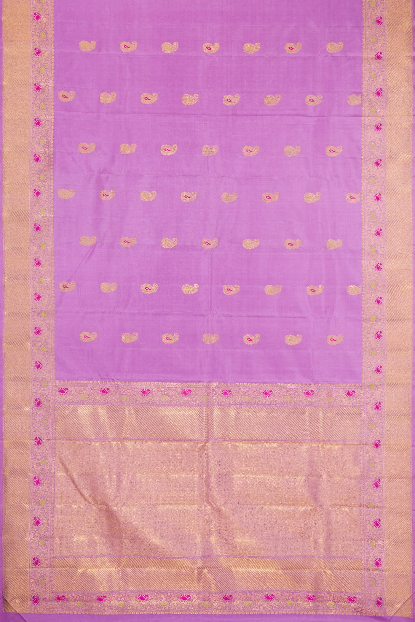 Flat view of Pure Silk Pure Zari Lavender Kanjivaram Saree with Zari And Thread Butta on the body and Fancy Border. 