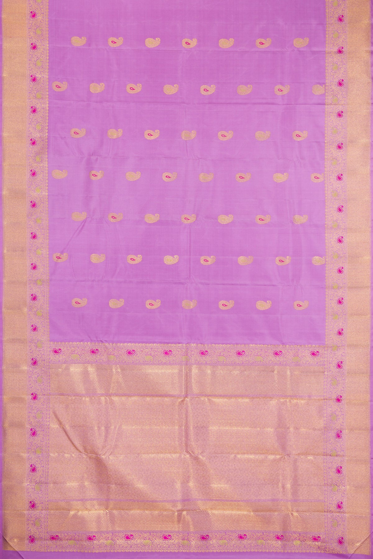 Flat view of Pure Silk Pure Zari Lavender Kanjivaram Saree with Zari And Thread Butta on the body and Fancy Border. 