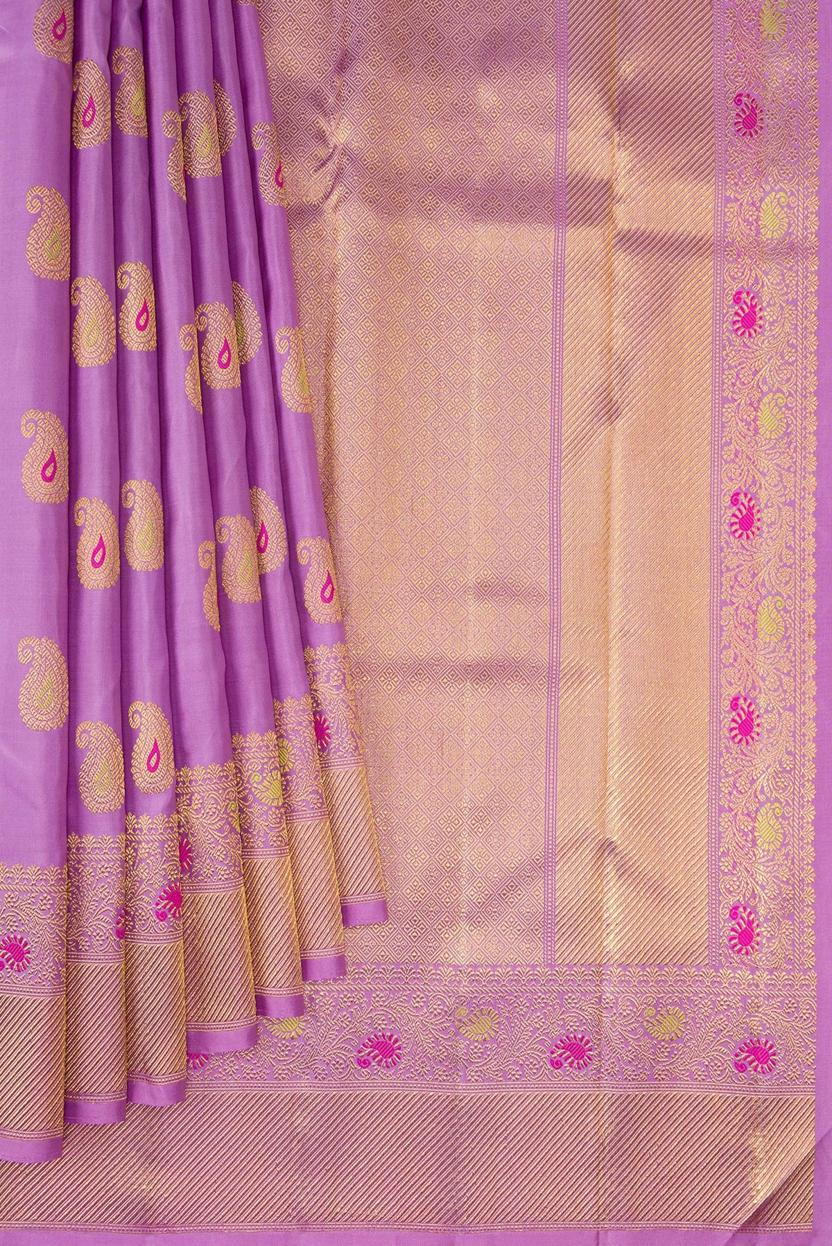 Pleats and pallu of Pure Silk Pure Zari Lavender Kanjivaram Saree with Zari And Thread Butta on the body and Fancy Border. 
