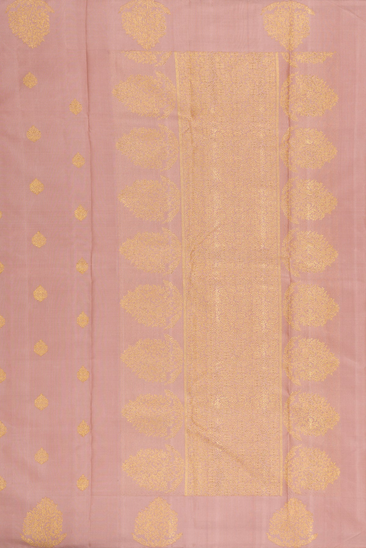 Close up image of the pallu of Pure Silk Pure Zari Rose Gold Kanjivaram Saree with Zari Butta on the body and Fancy Border. 