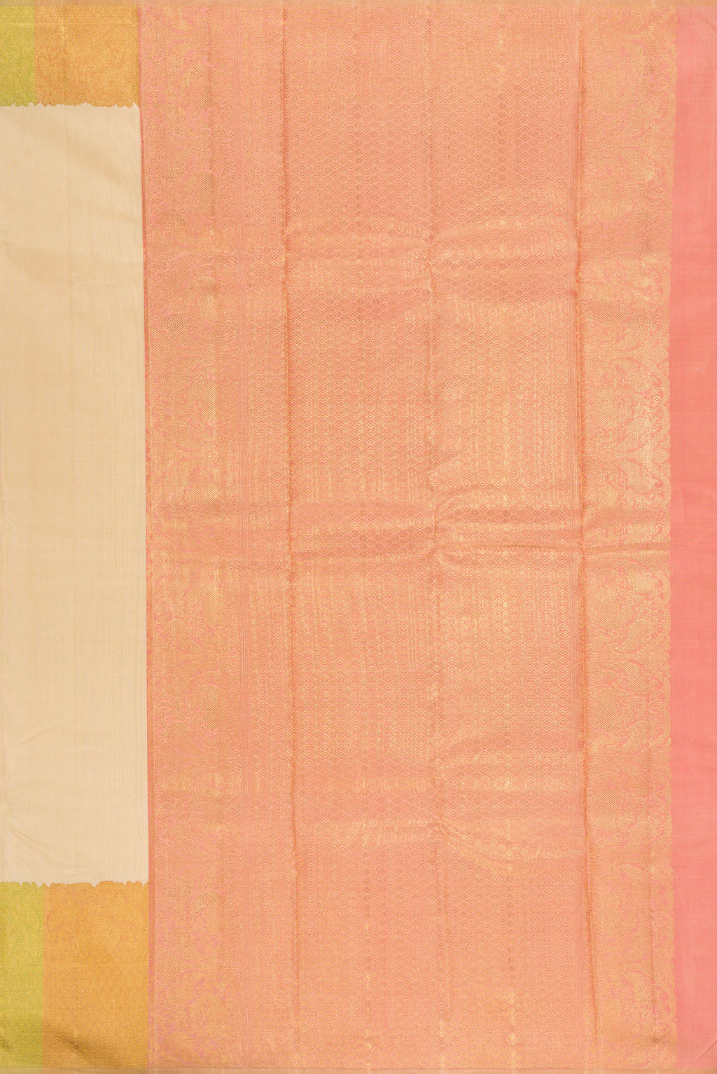 Close up image of the pallu of Pure Silk Pure Zari Sandal Kanjivaram Saree with Plain Body and Fancy Border. 