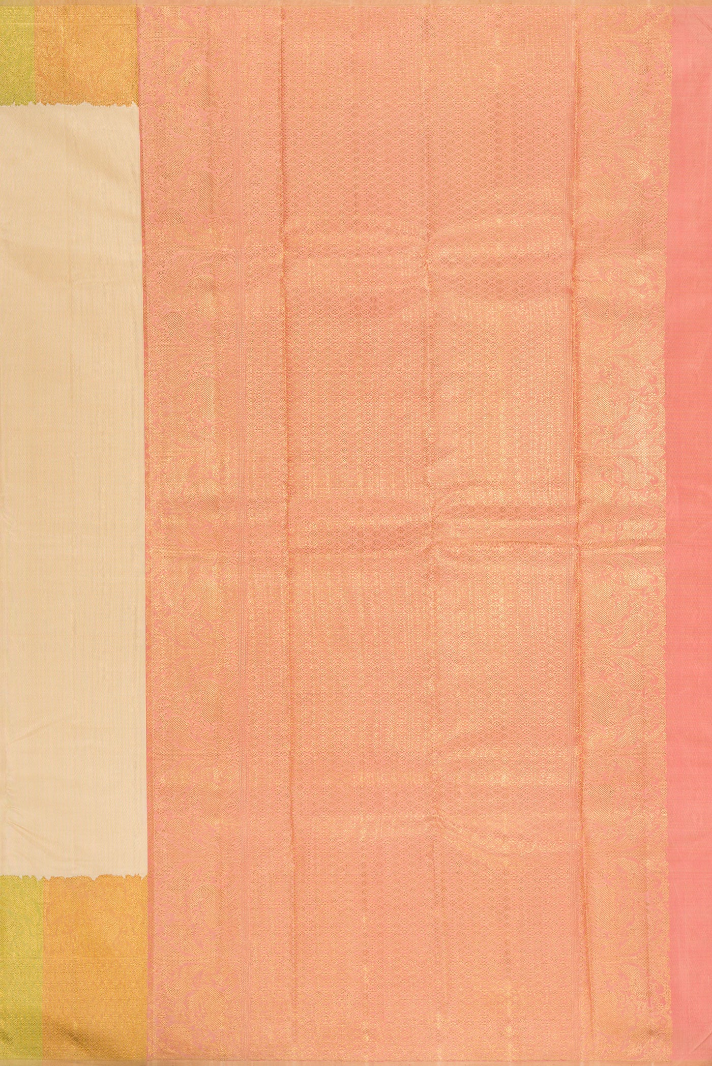 Close up image of the pallu of Pure Silk Pure Zari Sandal Kanjivaram Saree with Plain Body and Fancy Border. 
