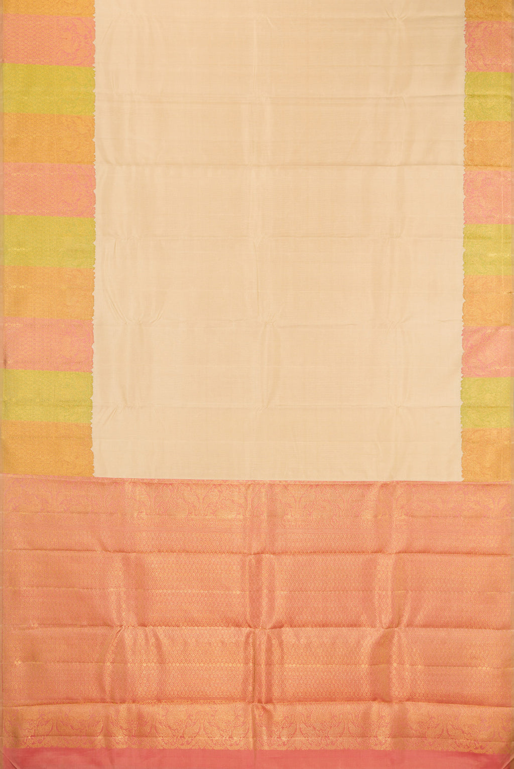 Flat view of Pure Silk Pure Zari Sandal Kanjivaram Saree with Plain Body and Fancy Border. 
