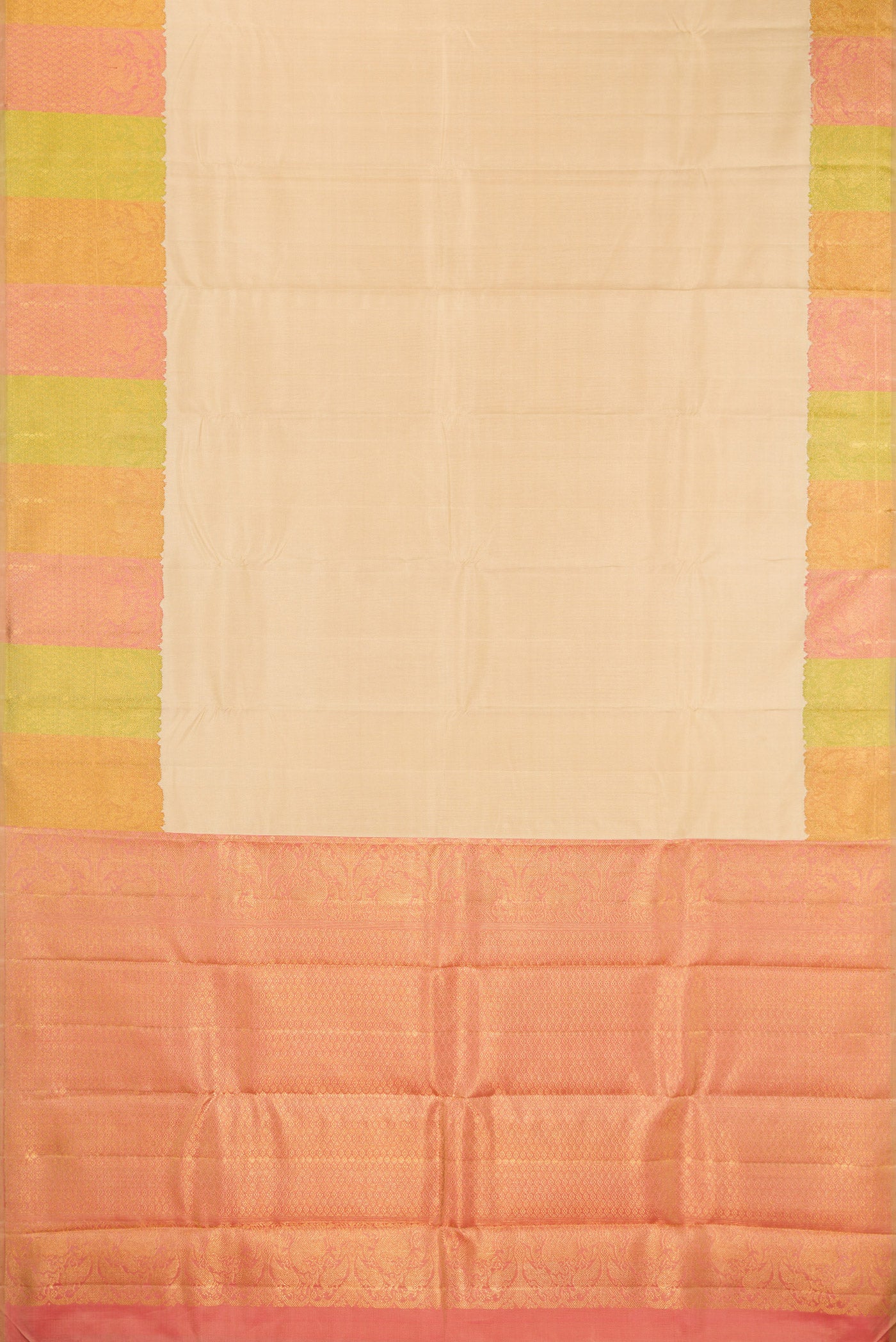 Flat view of Pure Silk Pure Zari Sandal Kanjivaram Saree with Plain Body and Fancy Border. 