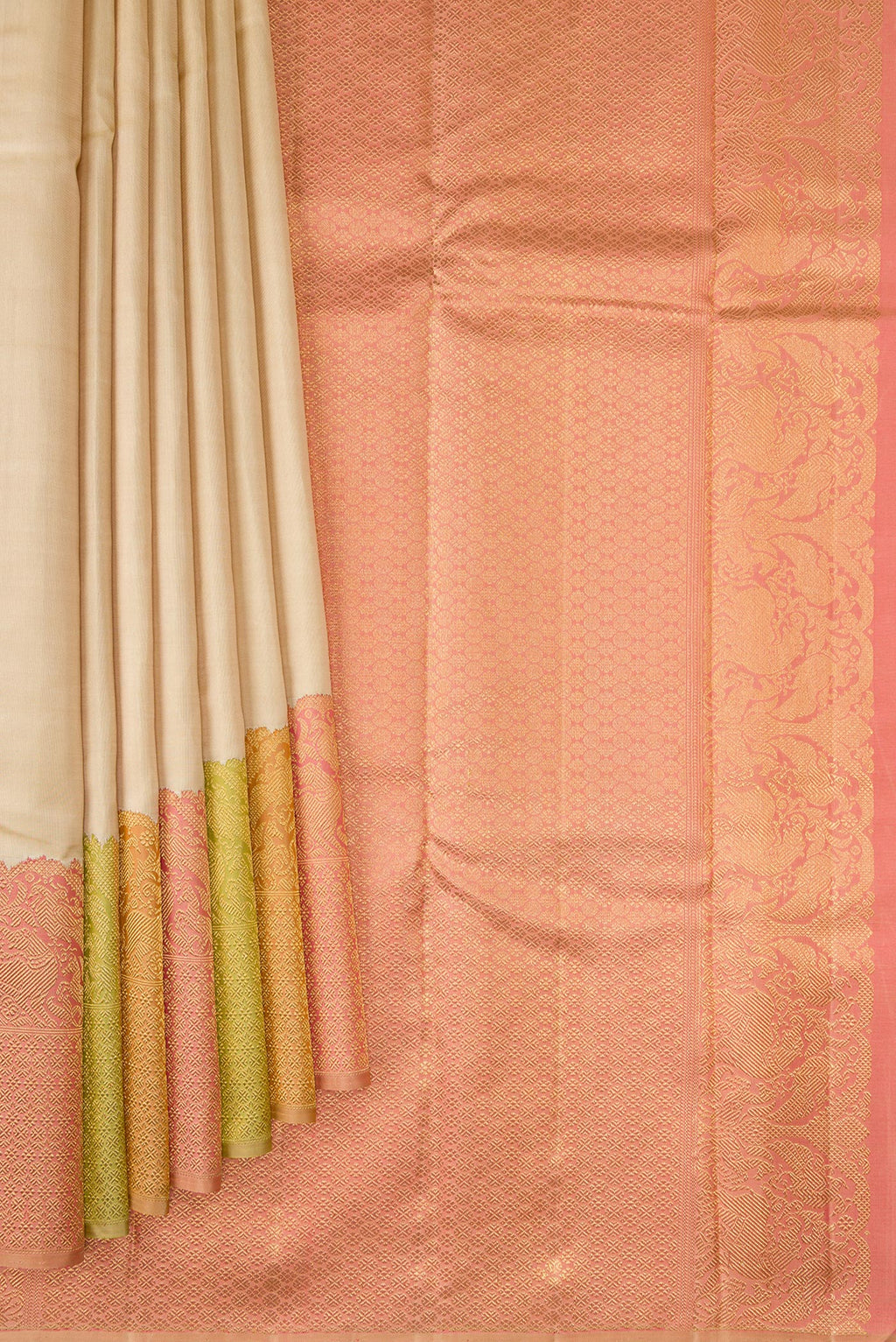 Pleats and pallu of Pure Silk Pure Zari Sandal Kanjivaram Saree with Plain Body and Fancy Border. 