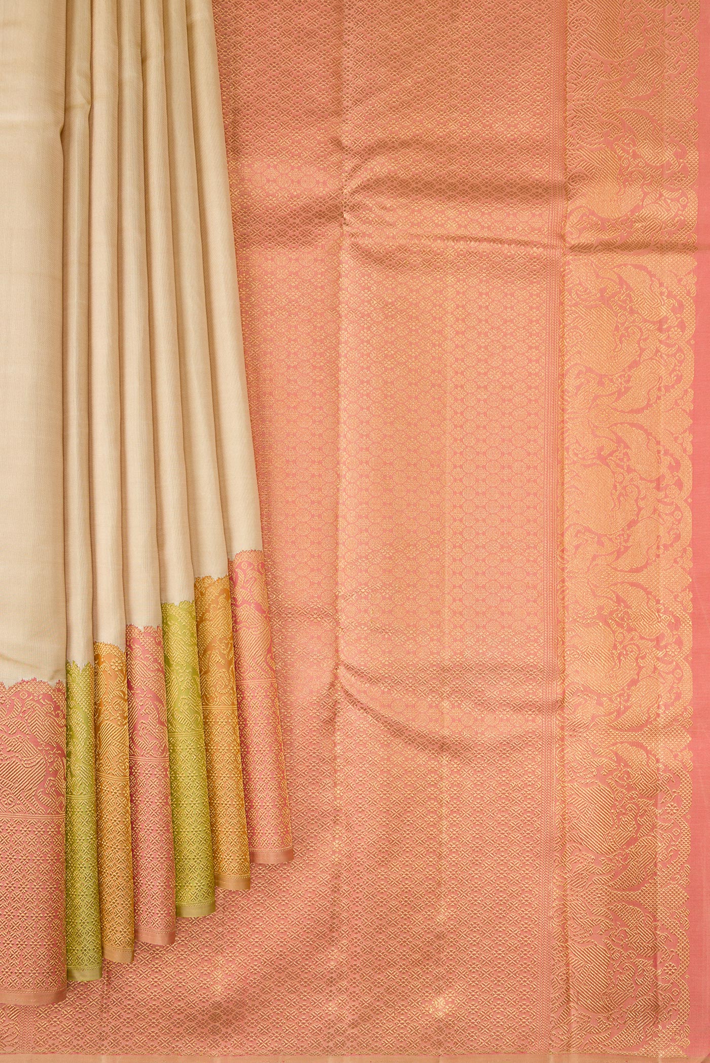 Pleats and pallu of Pure Silk Pure Zari Sandal Kanjivaram Saree with Plain Body and Fancy Border. 