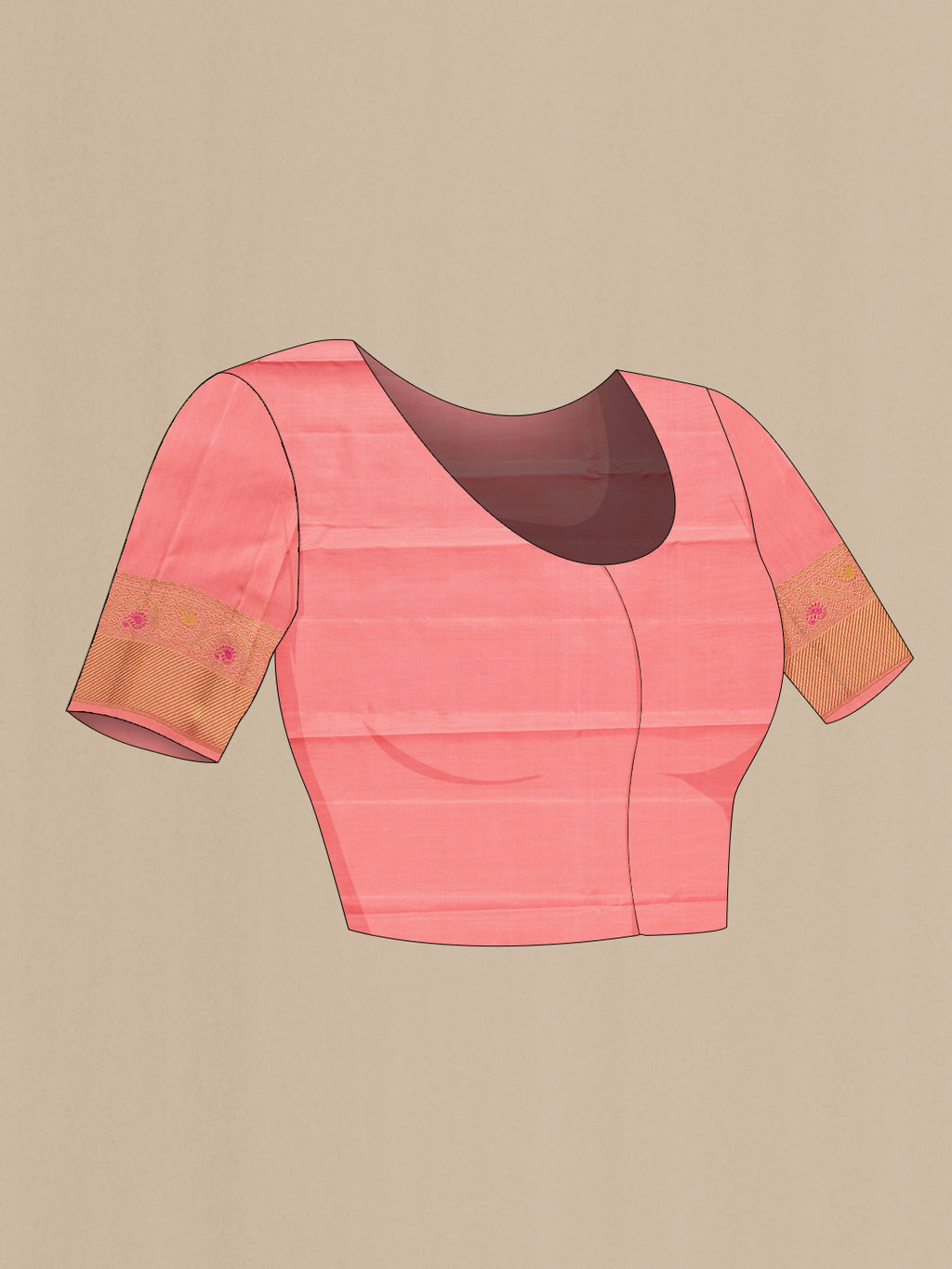 Close up image of the blouse of Pure Silk Pure Zari Coral Kanjivaram Saree with Zari And Thread Butta on the body and Fancy Border. 