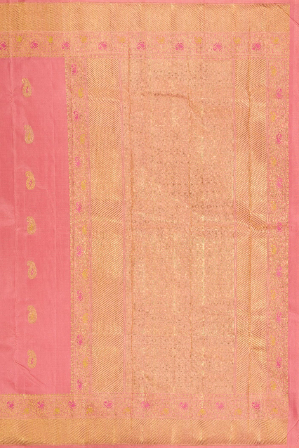Close up image of the pallu of Pure Silk Pure Zari Coral Kanjivaram Saree with Zari And Thread Butta on the body and Fancy Border. 