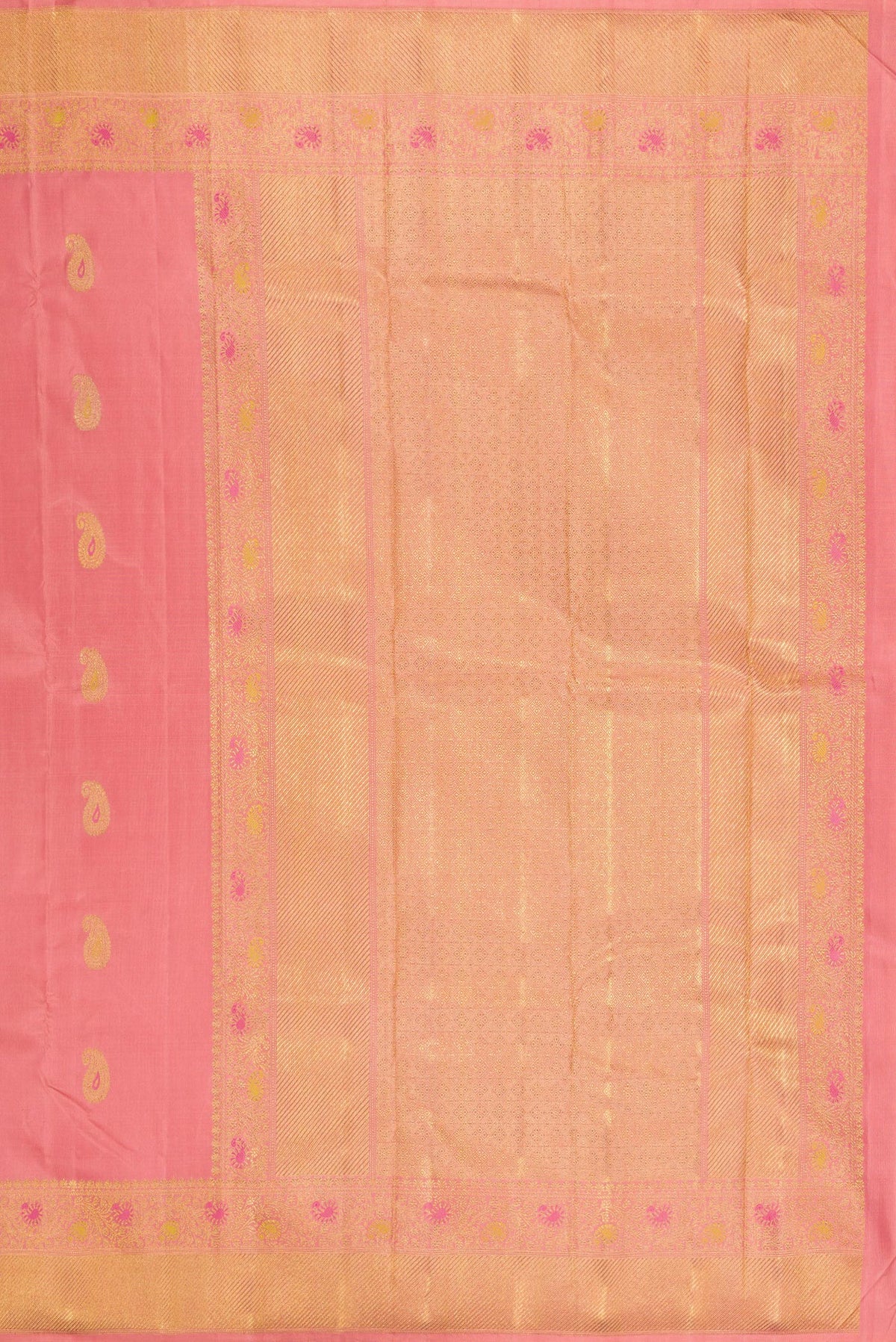 Close up image of the pallu of Pure Silk Pure Zari Coral Kanjivaram Saree with Zari And Thread Butta on the body and Fancy Border. 