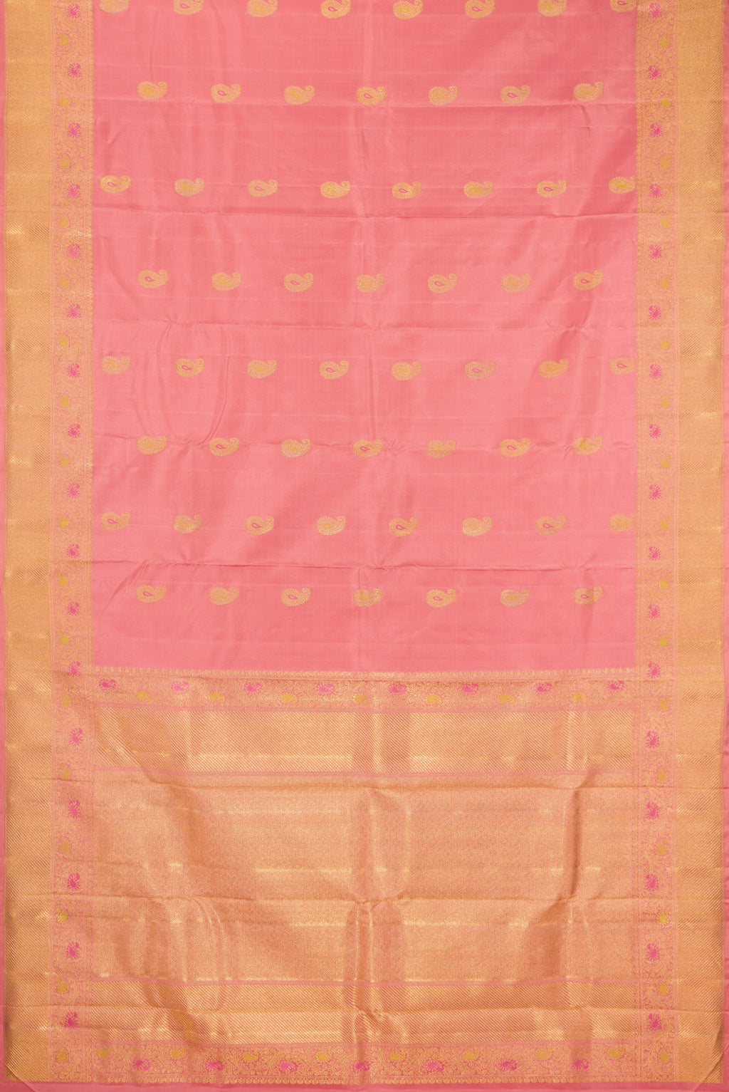 Flat view of Pure Silk Pure Zari Coral Kanjivaram Saree with Zari And Thread Butta on the body and Fancy Border. 