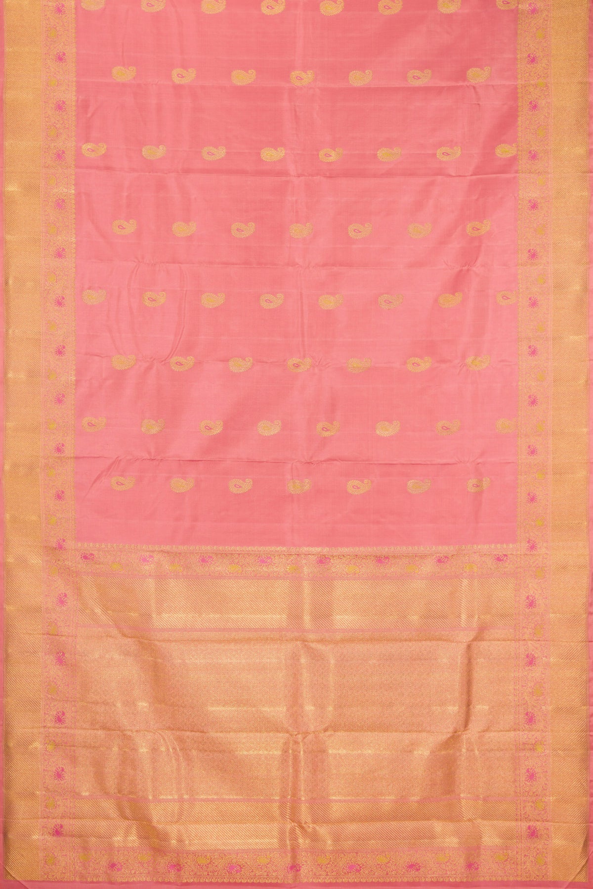 Flat view of Pure Silk Pure Zari Coral Kanjivaram Saree with Zari And Thread Butta on the body and Fancy Border. 