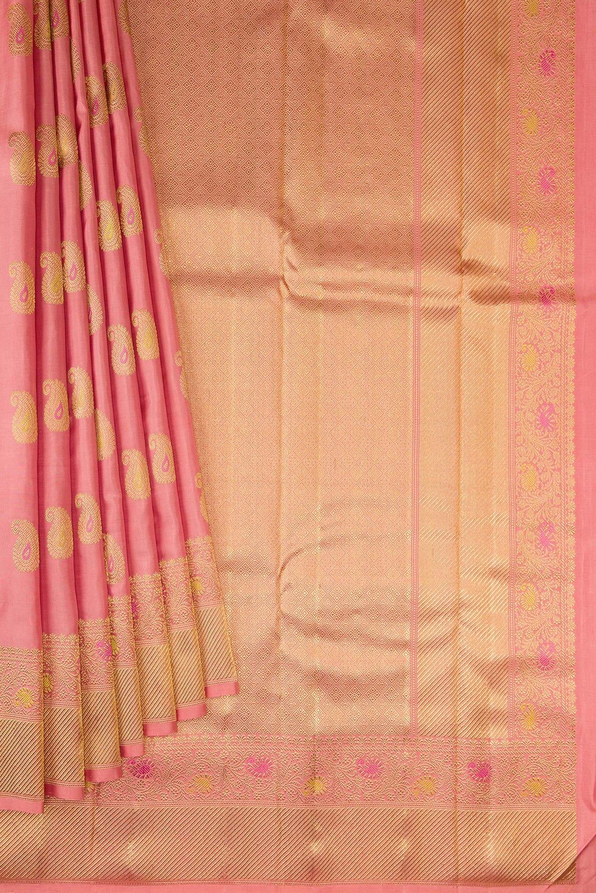 Pleats and pallu of Pure Silk Pure Zari Coral Kanjivaram Saree with Zari And Thread Butta on the body and Fancy Border. 
