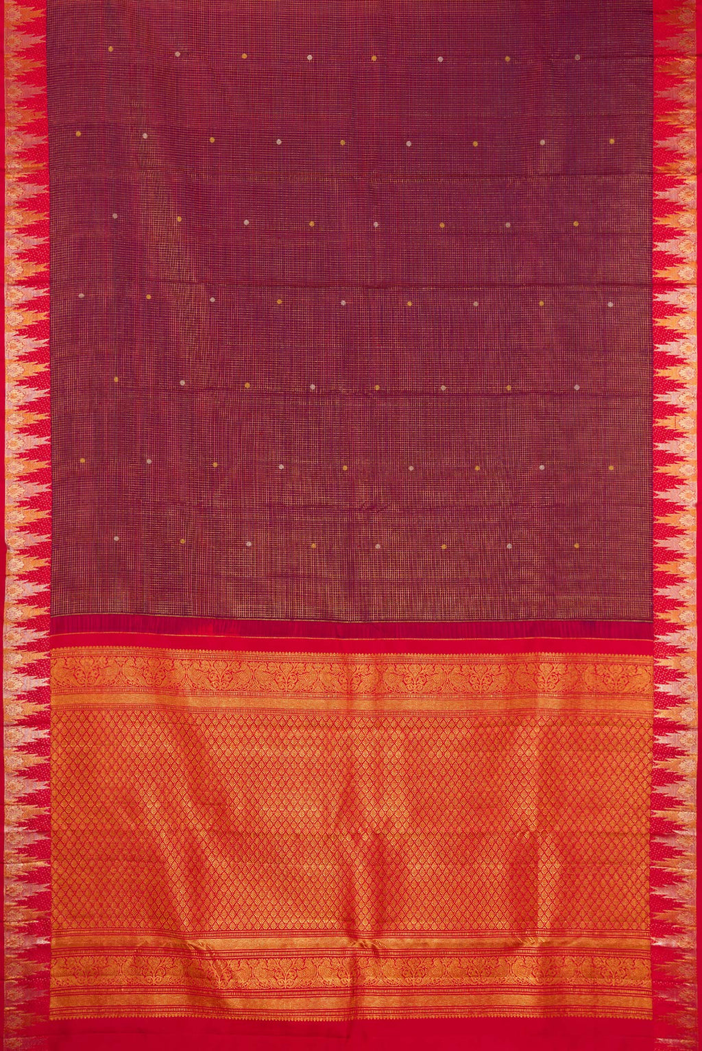 Flat view of Maroon Kanjivaram Silk Saree with Checked design on the body and Temple Border. 