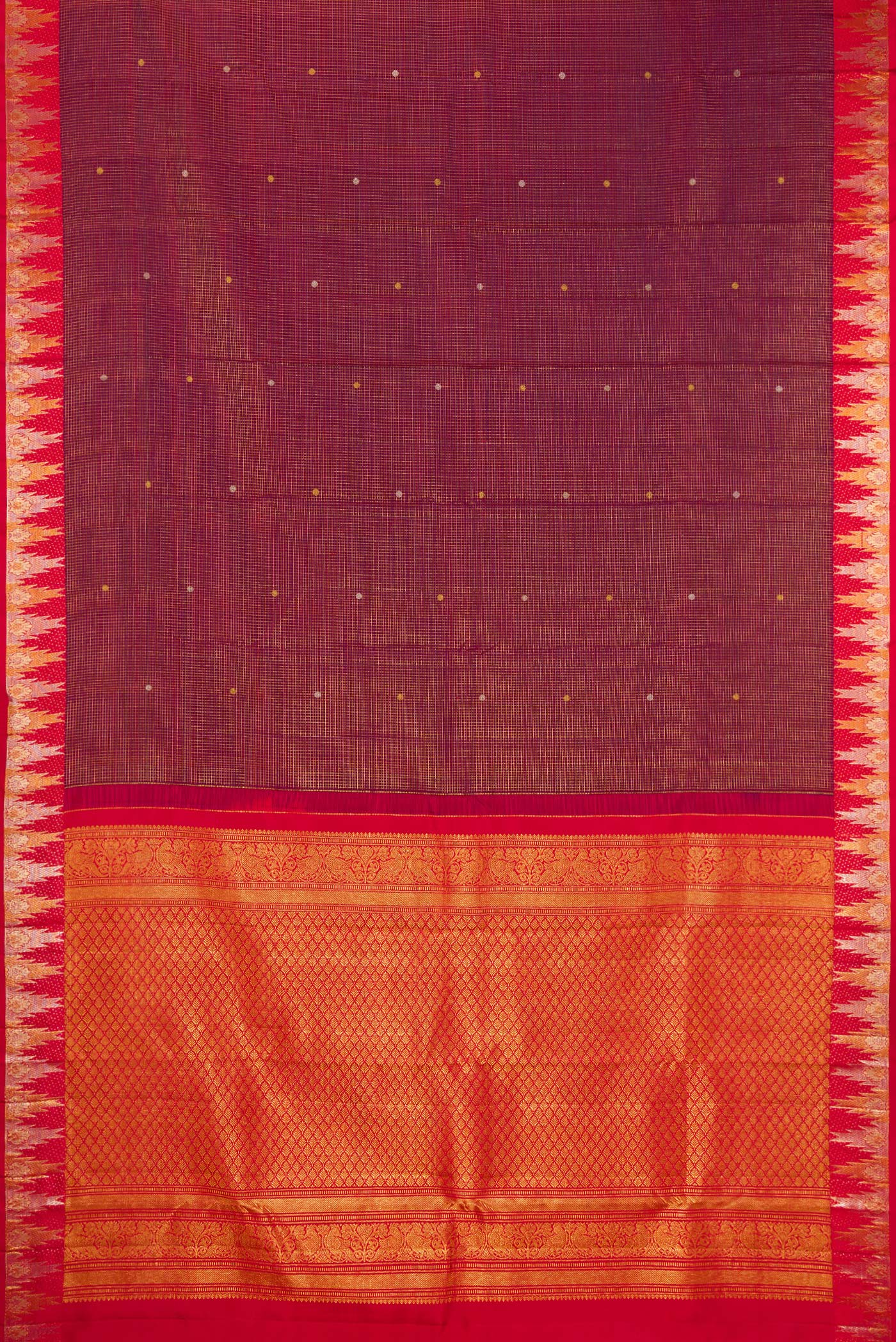 Flat view of Maroon Kanjivaram Silk Saree with Checked design on the body and Temple Border. 