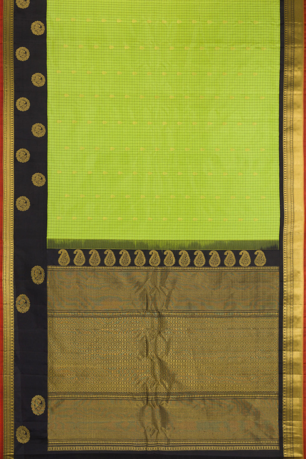 Flat view of Parrot Green Gadwal Silk Saree with Checked design on the body and Zari Border. 