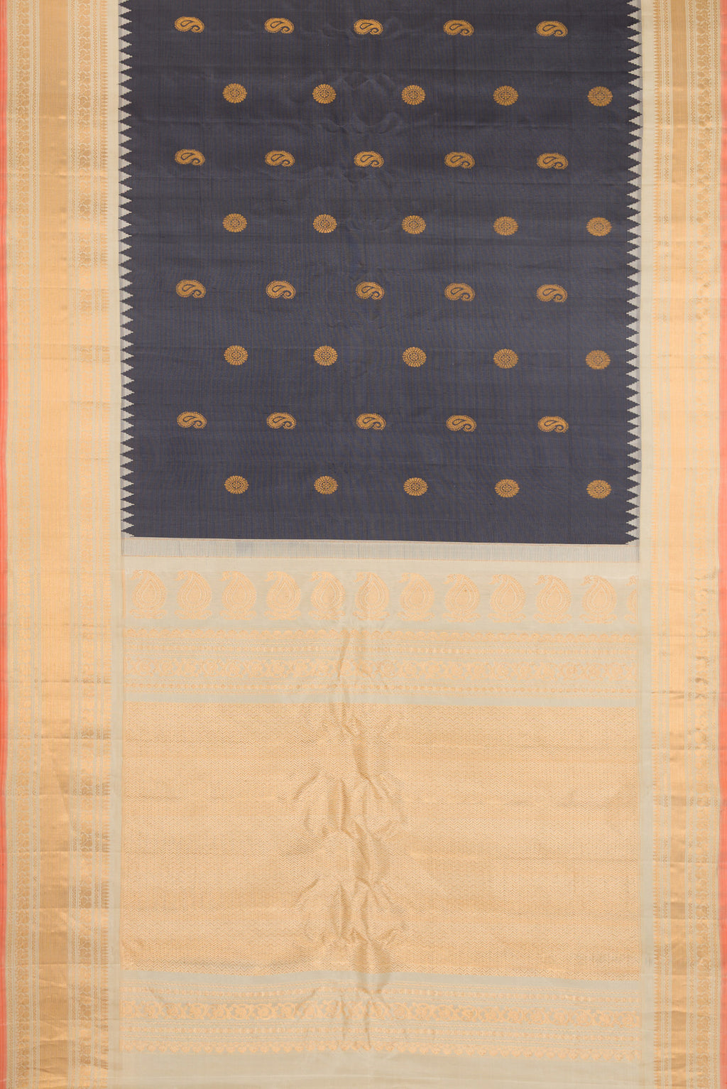 Flat view of Grey Gadwal Silk Saree with Zari Butta on the body and Zari Border. 