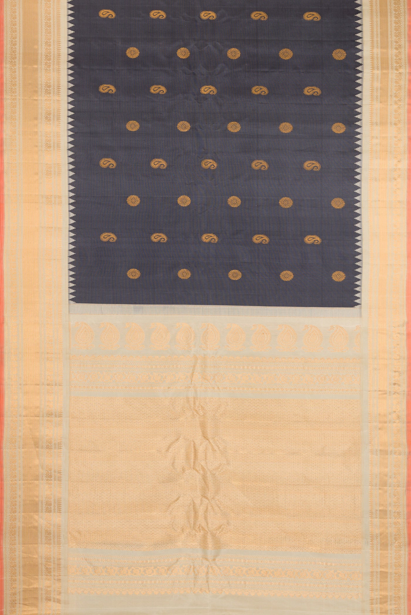 Flat view of Grey Gadwal Silk Saree with Zari Butta on the body and Zari Border. 