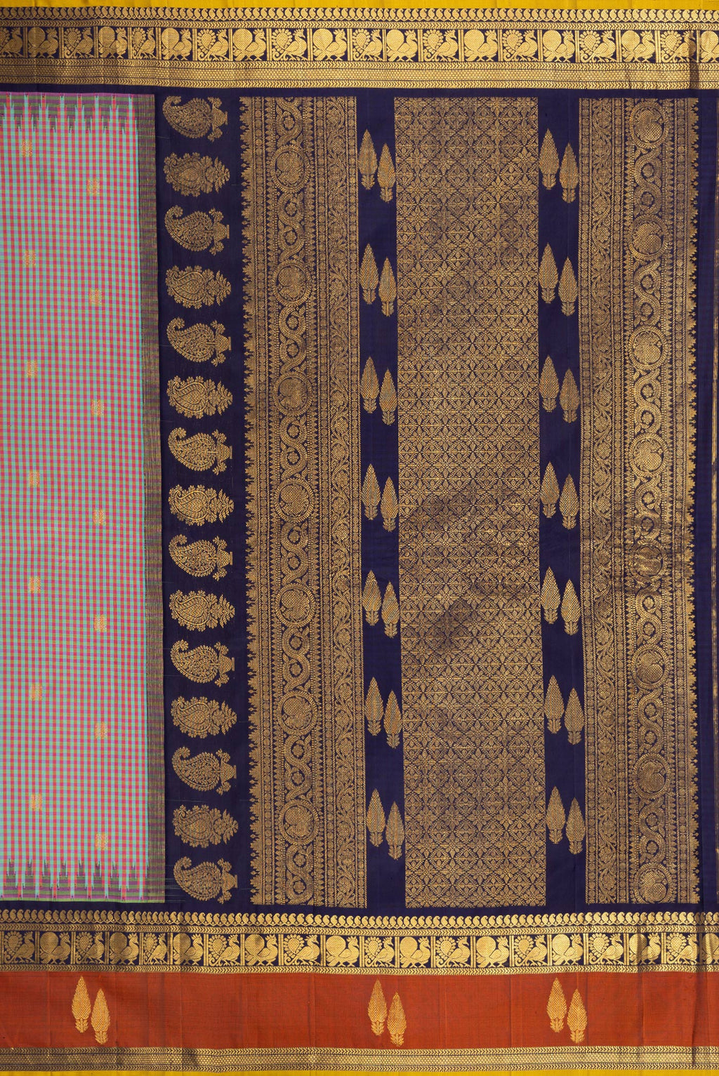 Close up image of the pallu of Multi Color Gadwal Silk Saree with Checked design on the body and Zari Border. 