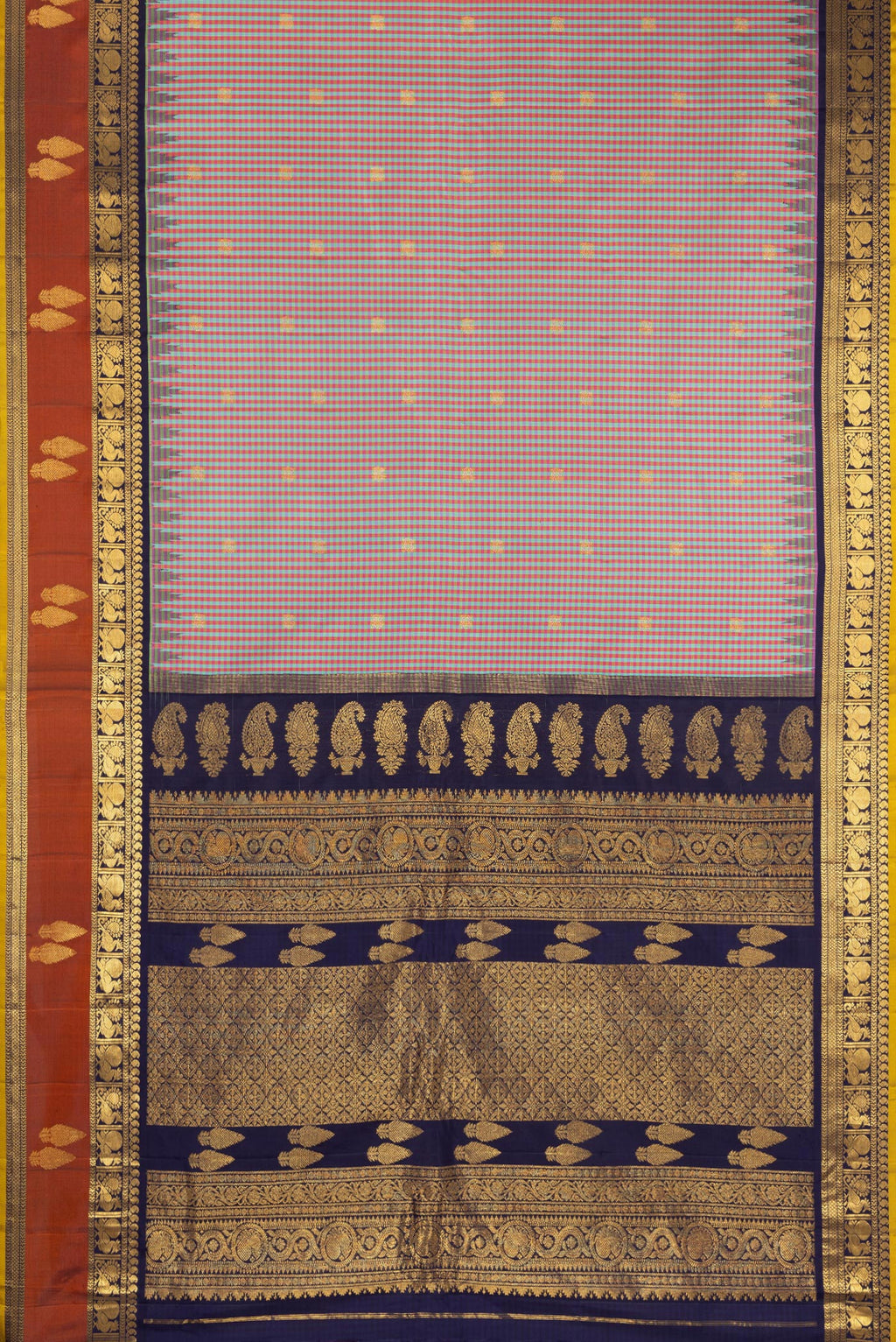 Flat view of Multi Color Gadwal Silk Saree with Checked design on the body and Zari Border. 