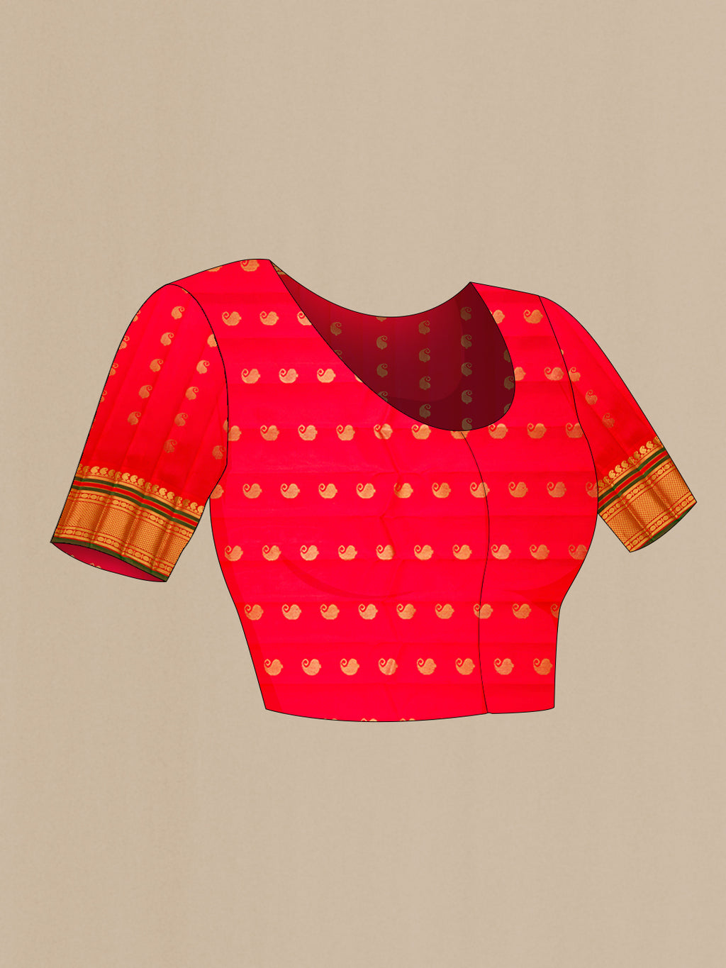 Close up image of the blouse of Green Gadwal Silk Saree with Zari Butta on the body and Zari Border. 