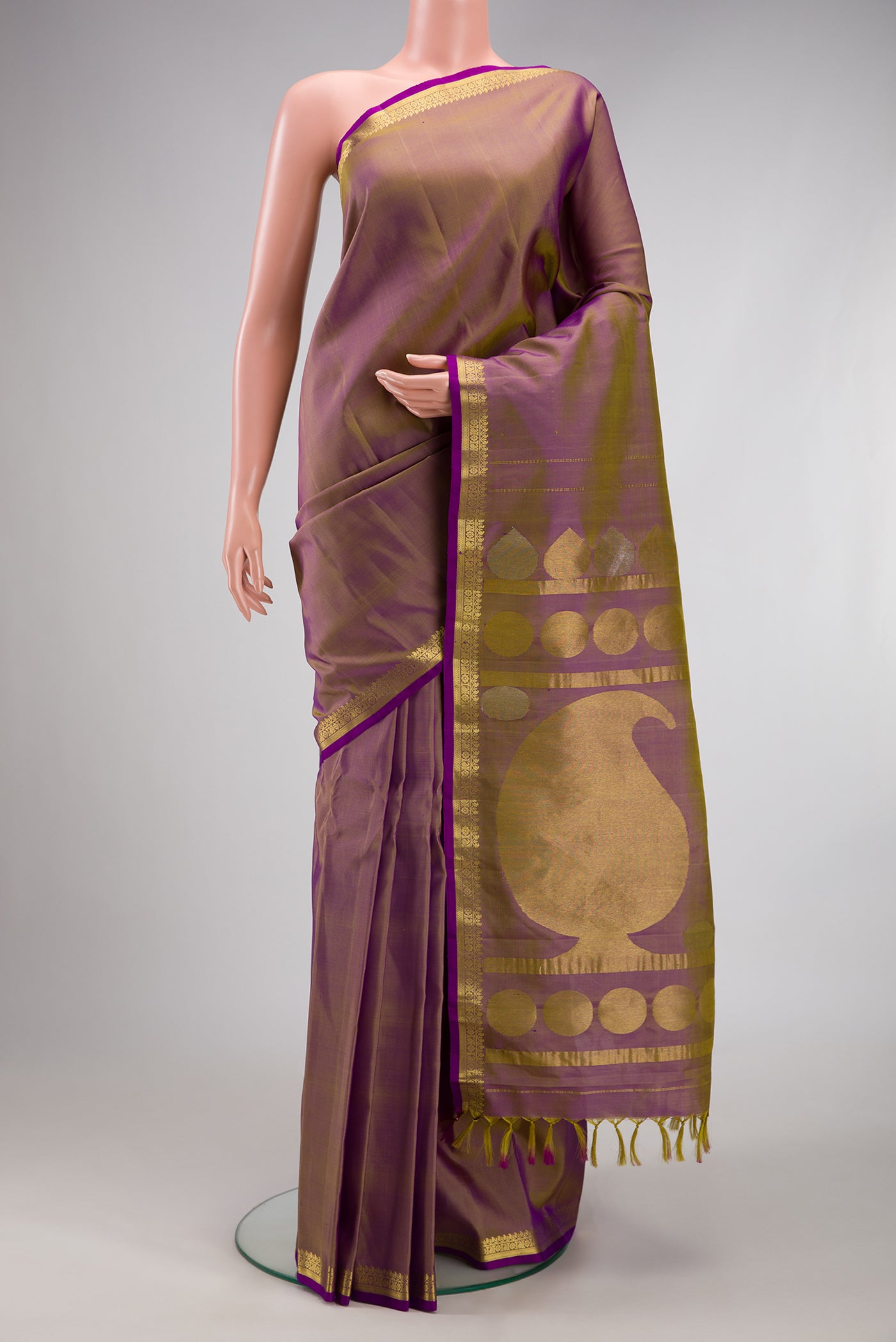Purple Dual Tone Gadwal Silk Saree with Plain Body and Zari Border.  displayed on a mannequin
