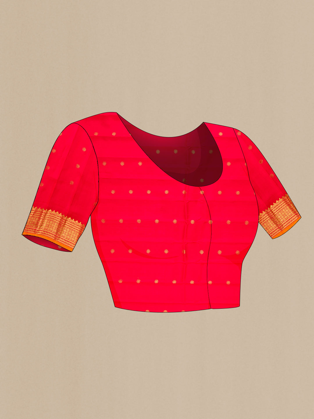 Close up image of the blouse of Mustard Gadwal Silk Saree with Zari Butta on the body and Zari Border. 
