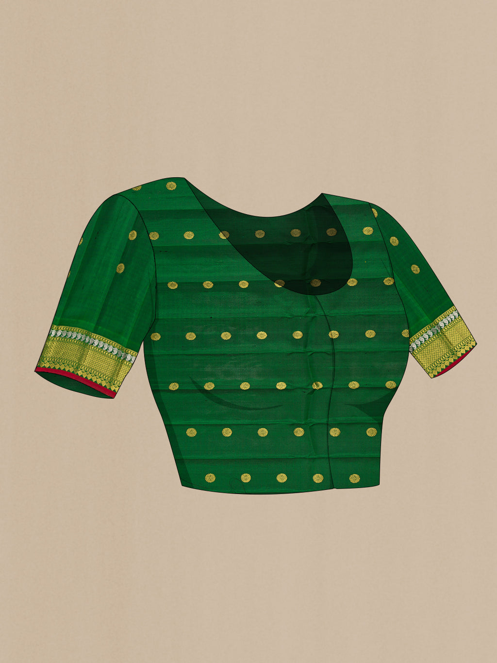 Close up image of the blouse of Light Green Gadwal Silk Saree with Checked design on the body and Zari Border. 