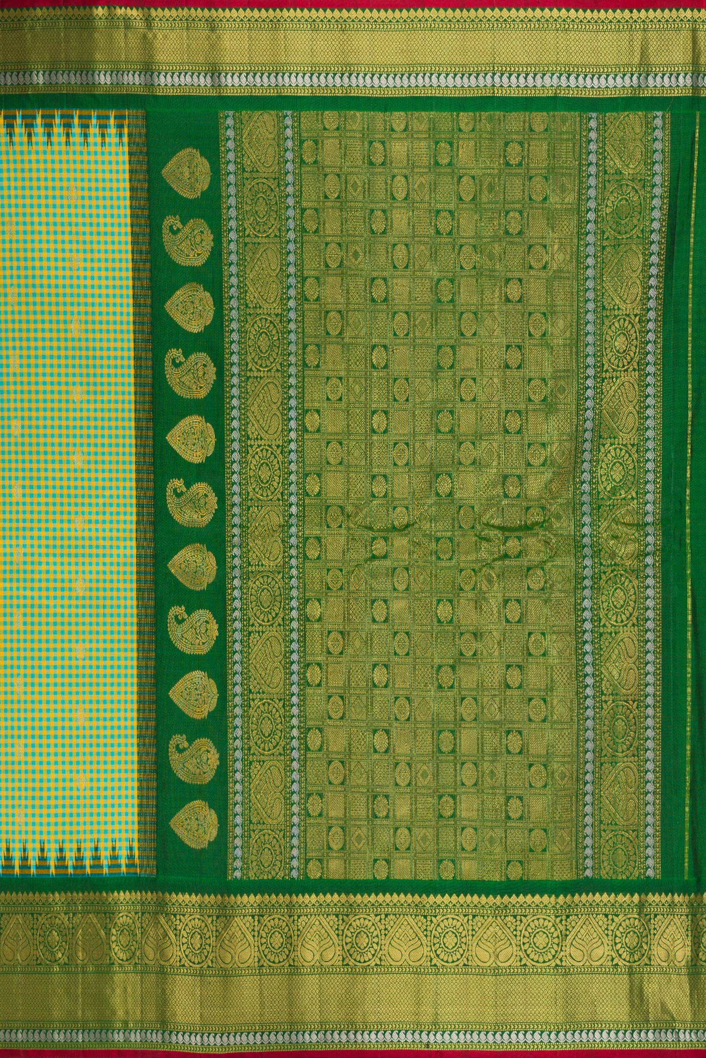 Close up image of the pallu of Light Green Gadwal Silk Saree with Checked design on the body and Zari Border. 
