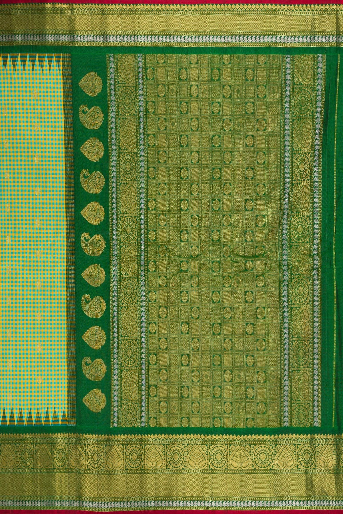 Close up image of the pallu of Light Green Gadwal Silk Saree with Checked design on the body and Zari Border. 