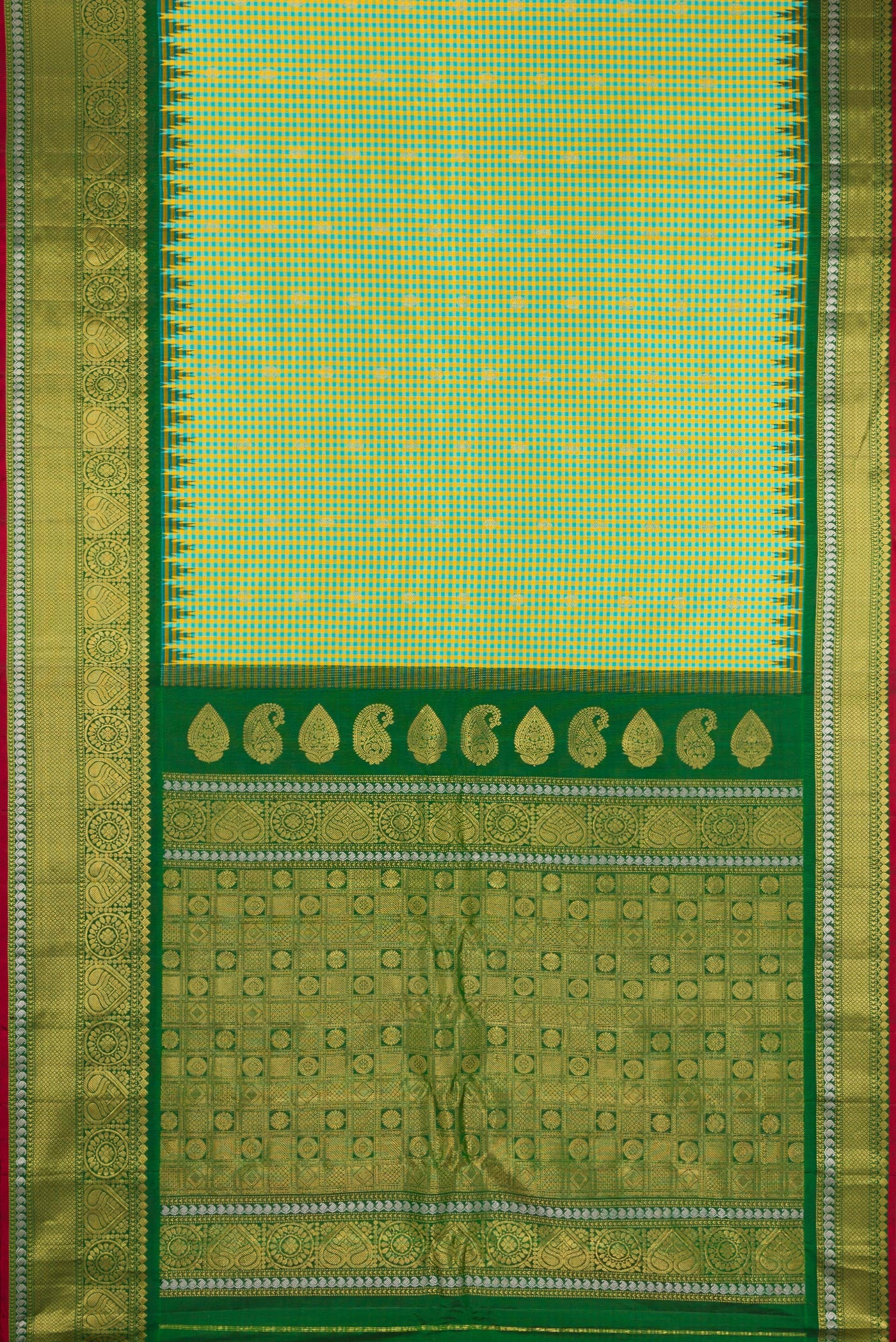 Flat view of Light Green Gadwal Silk Saree with Checked design on the body and Zari Border. 