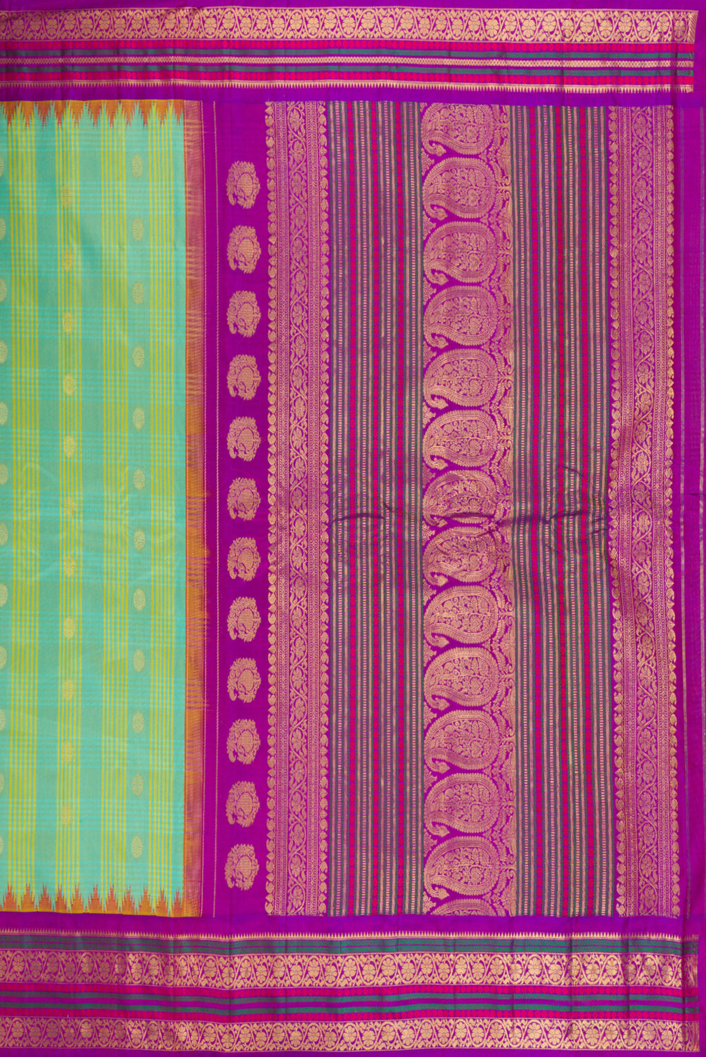 Close up image of the pallu of Sea Green Gadwal Silk Saree with Checked design on the body and Zari Border. 