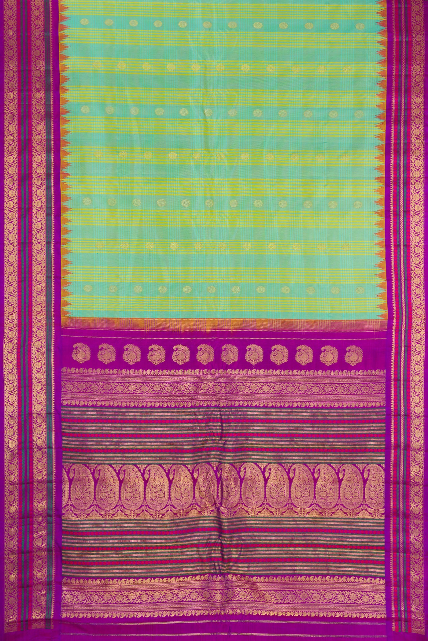 Flat view of Sea Green Gadwal Silk Saree with Checked design on the body and Zari Border. 