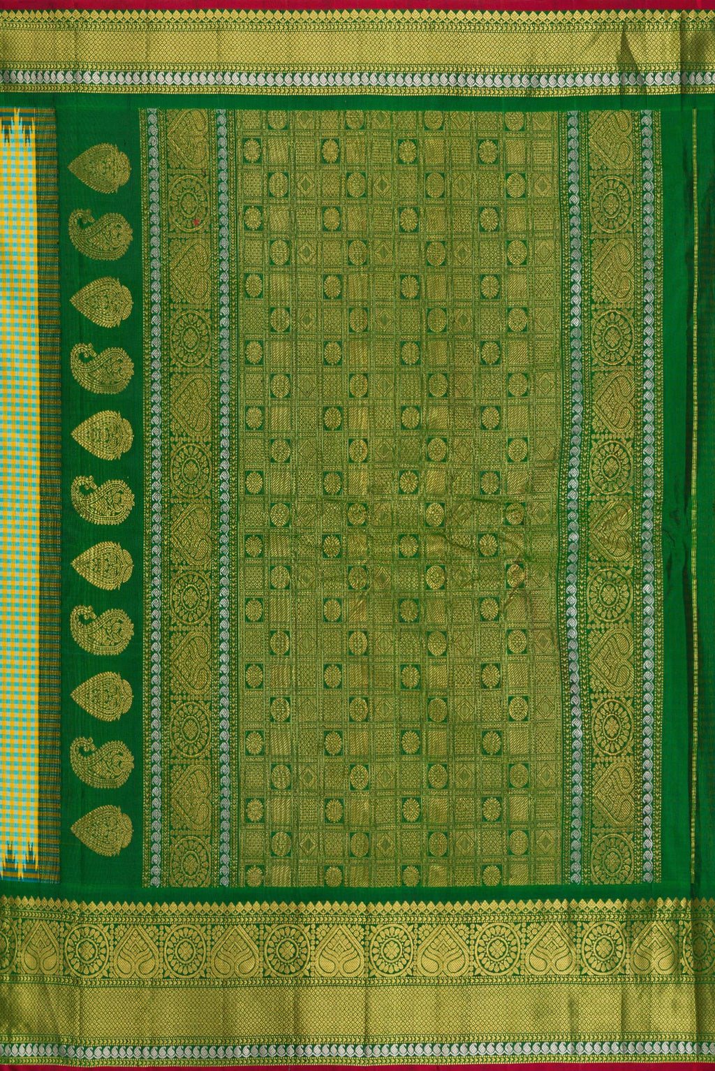 Close up image of the pallu of Light Green Gadwal Silk Saree with Checked design on the body and Zari Border. 