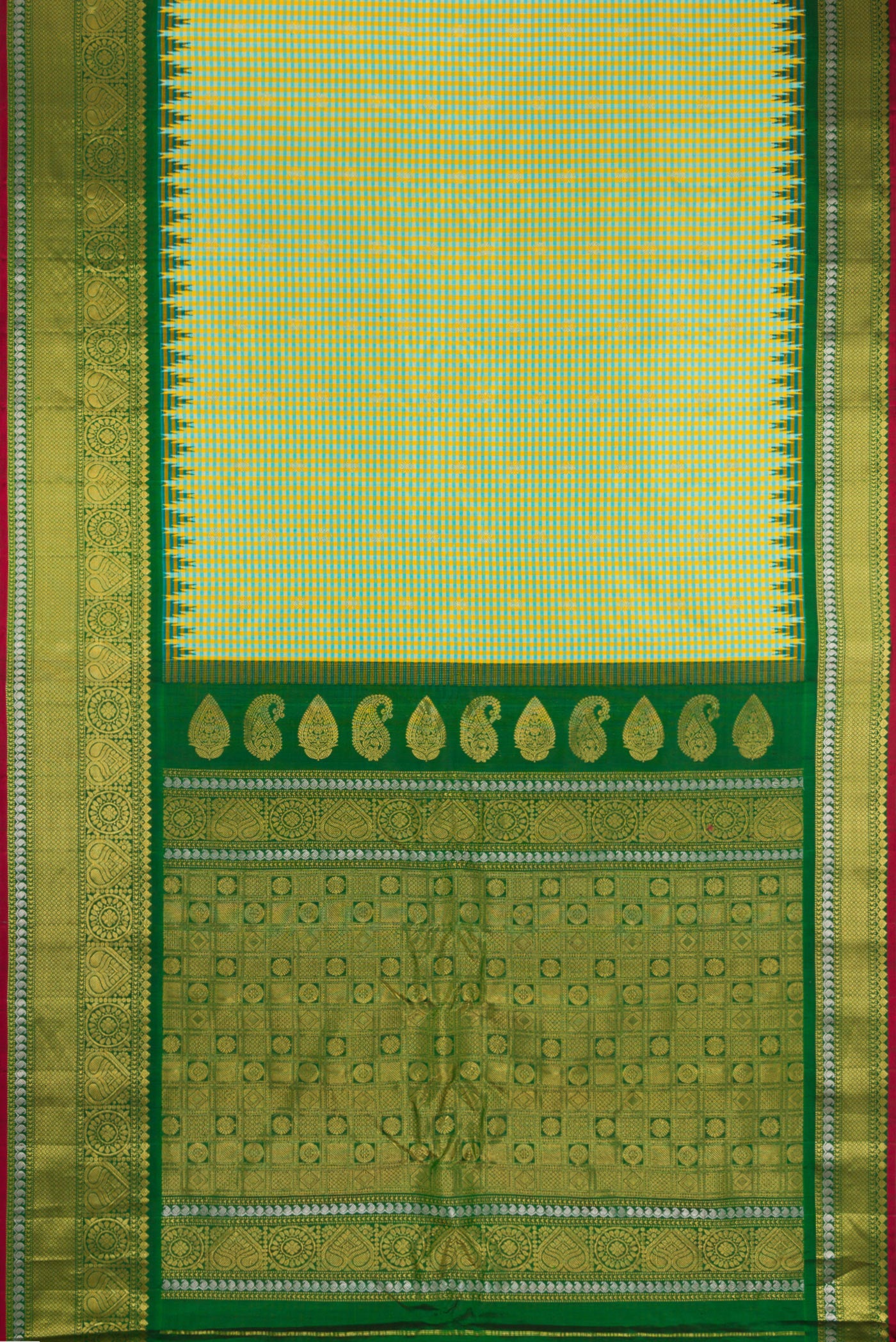 Flat view of Light Green Gadwal Silk Saree with Checked design on the body and Zari Border. 