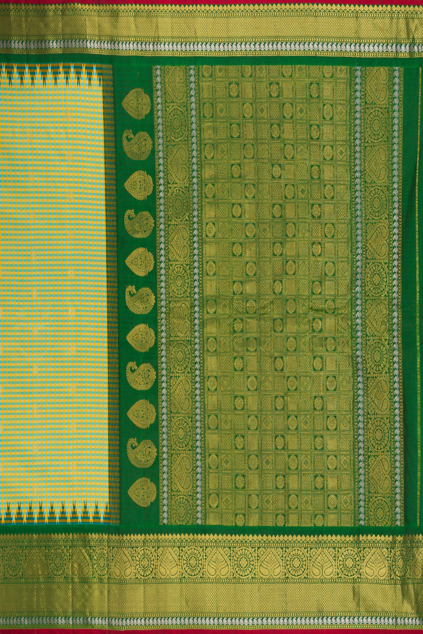 Close up image of the pallu of Pista Green Gadwal Silk Saree with Checked design on the body and Zari Border. 